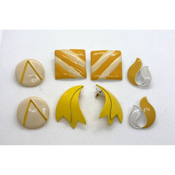 Vintage Lot of 4 Pairs Yellow White Stud Pierced Earrings 80s 90s Statement - Picture 1 of 11